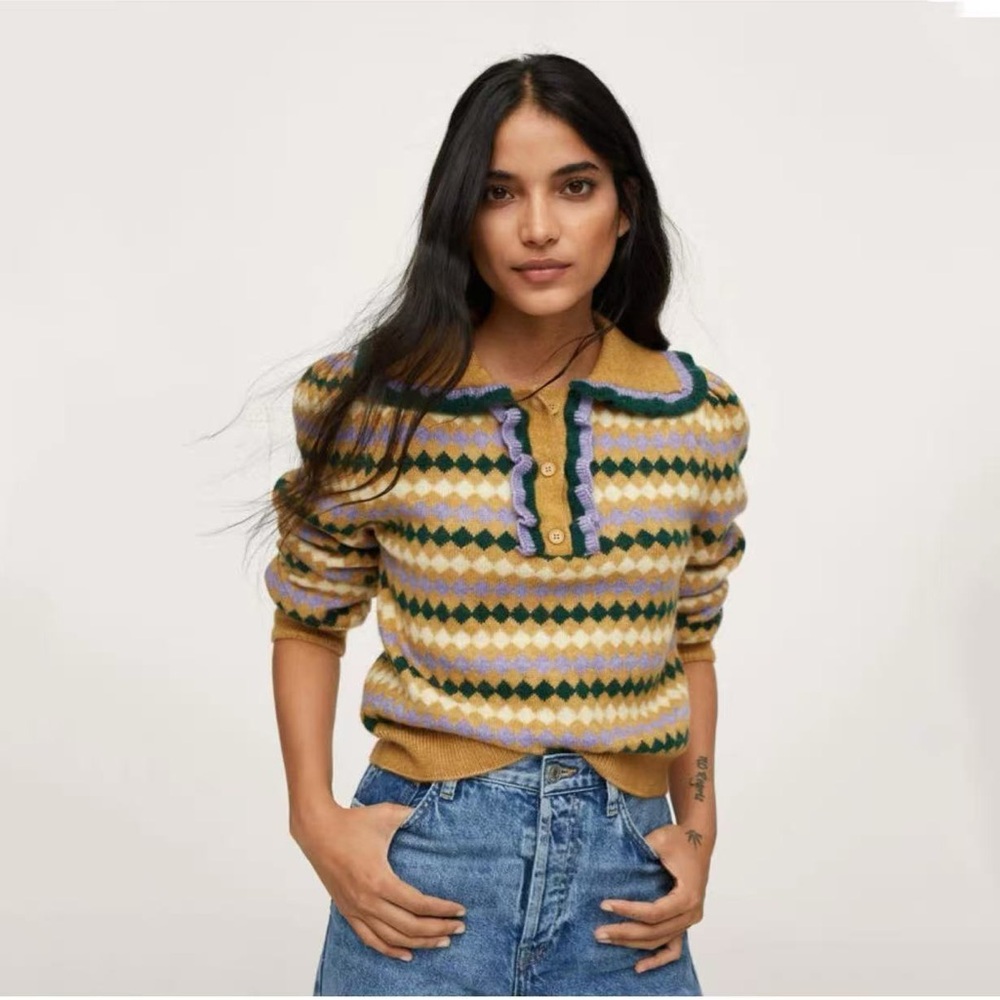 Mango Womens Sweater Knit Collar and Ruffle Detail Retro Stripes